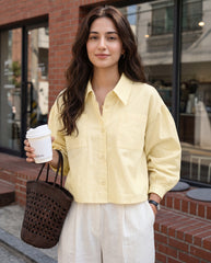 Front Button Pocket Loose Cropped Long Sleeve Shirt