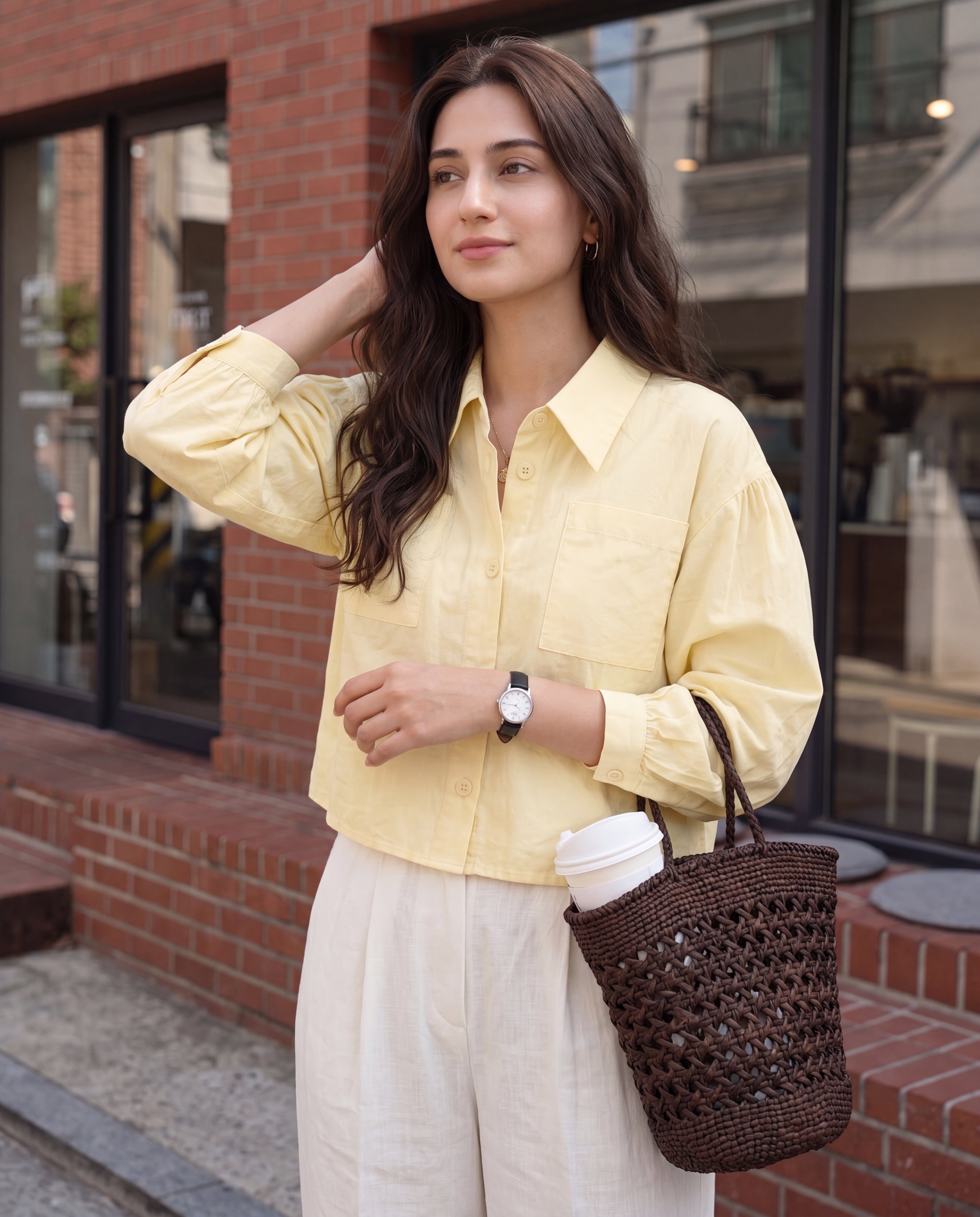 Front Button Pocket Loose Cropped Long Sleeve Shirt