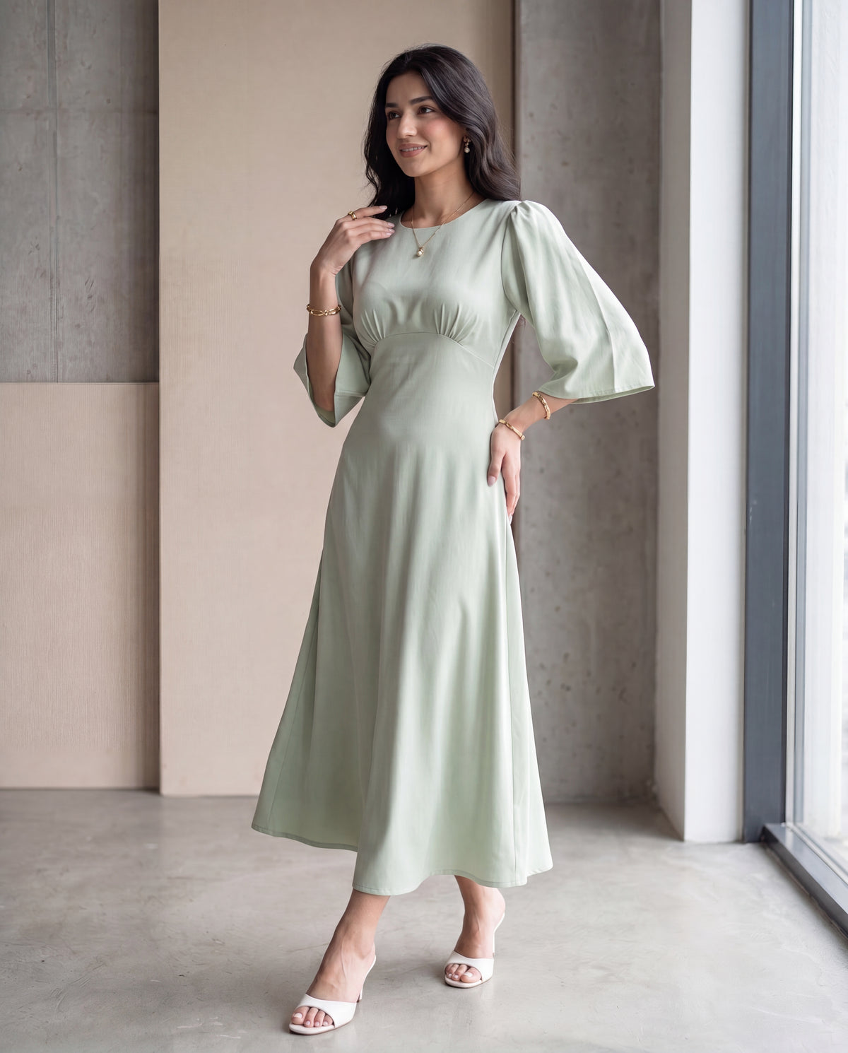 Round Neck Short Sleeve Tie-Waist A-Line X-Shaped Midi Dress