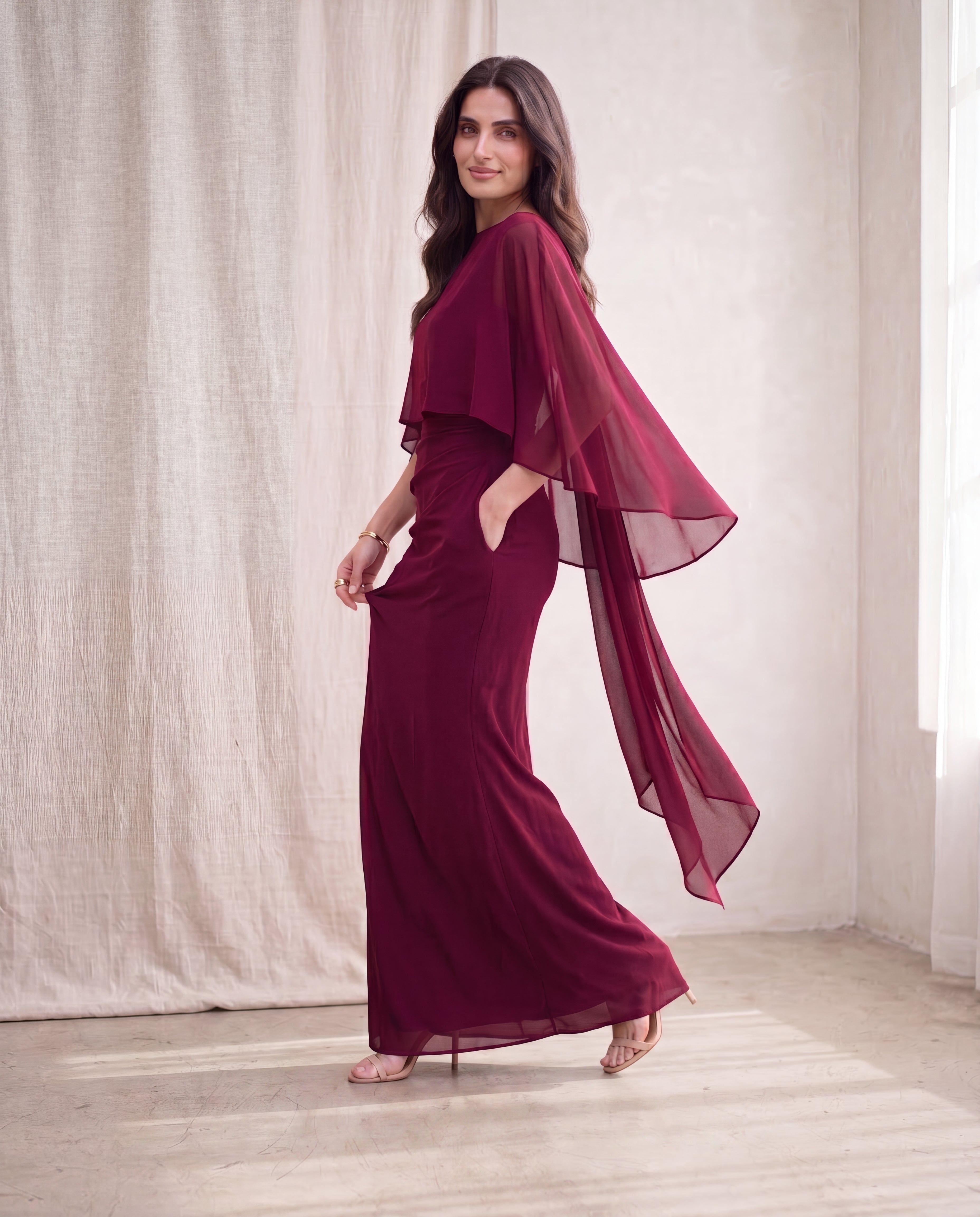 Cape Sleeve Fitted Elegant Dress