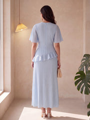 Textured Round Neck Chiffon Splice Ruffle Sleeve Waist Cinched Dress