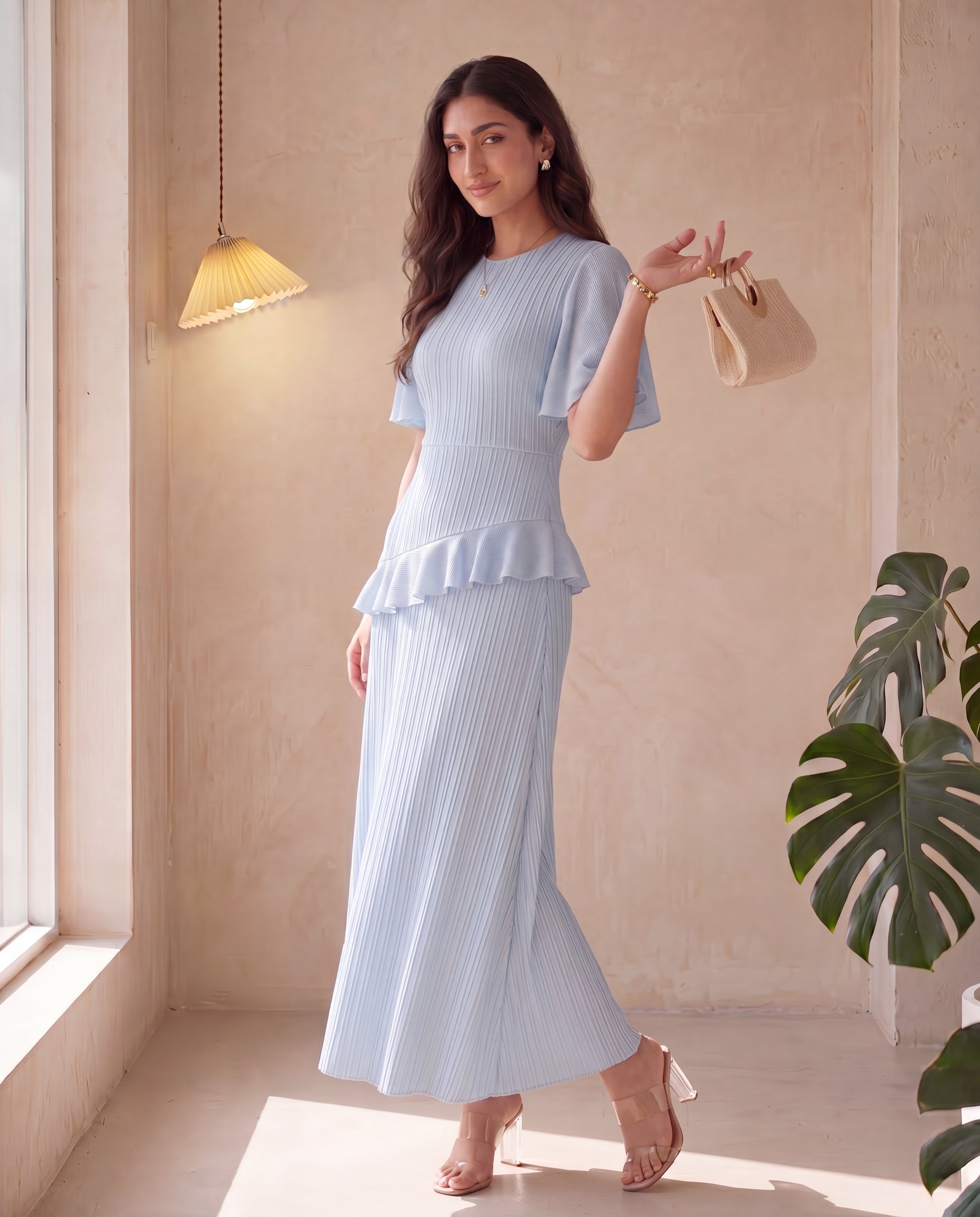 Textured Round Neck Chiffon Splice Ruffle Sleeve Waist Cinched Dress