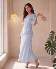 Textured Round Neck Chiffon Splice Ruffle Sleeve Waist Cinched Dress