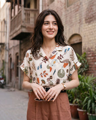 Short Sleeve Summer Shirt With All-Over Leaf Print