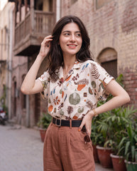 Short Sleeve Summer Shirt With All-Over Leaf Print