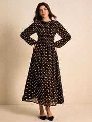 Polka Dot Print Round Neck Lantern Sleeve Ruched Long Dress