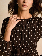 Polka Dot Print Round Neck Lantern Sleeve Ruched Long Dress