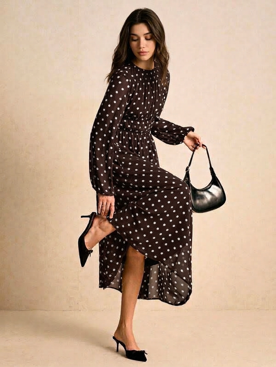 Polka Dot Print Round Neck Lantern Sleeve Ruched Long Dress