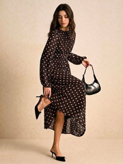 Polka Dot Print Round Neck Lantern Sleeve Ruched Long Dress