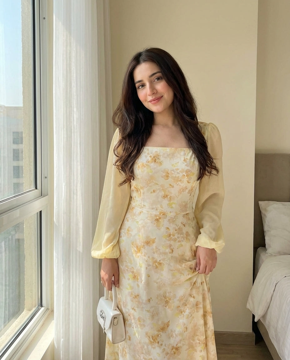 Printed Square Neck Long Sleeve Elegant Summer Dress