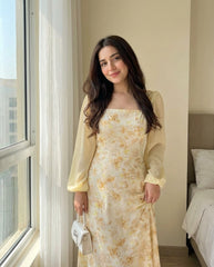 Printed Square Neck Long Sleeve Elegant Summer Dress