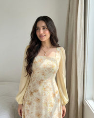 Printed Square Neck Long Sleeve Elegant Summer Dress