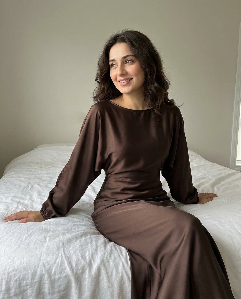 Round Neck Batwing Long Sleeve Tie-Waist X-Shaped Regular Fit Dress
