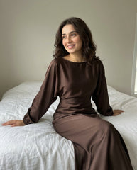 Round Neck Batwing Long Sleeve Tie-Waist X-Shaped Regular Fit Dress