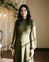 Chiffon Pleated Front Waist Cinched Long Sleeve Dress