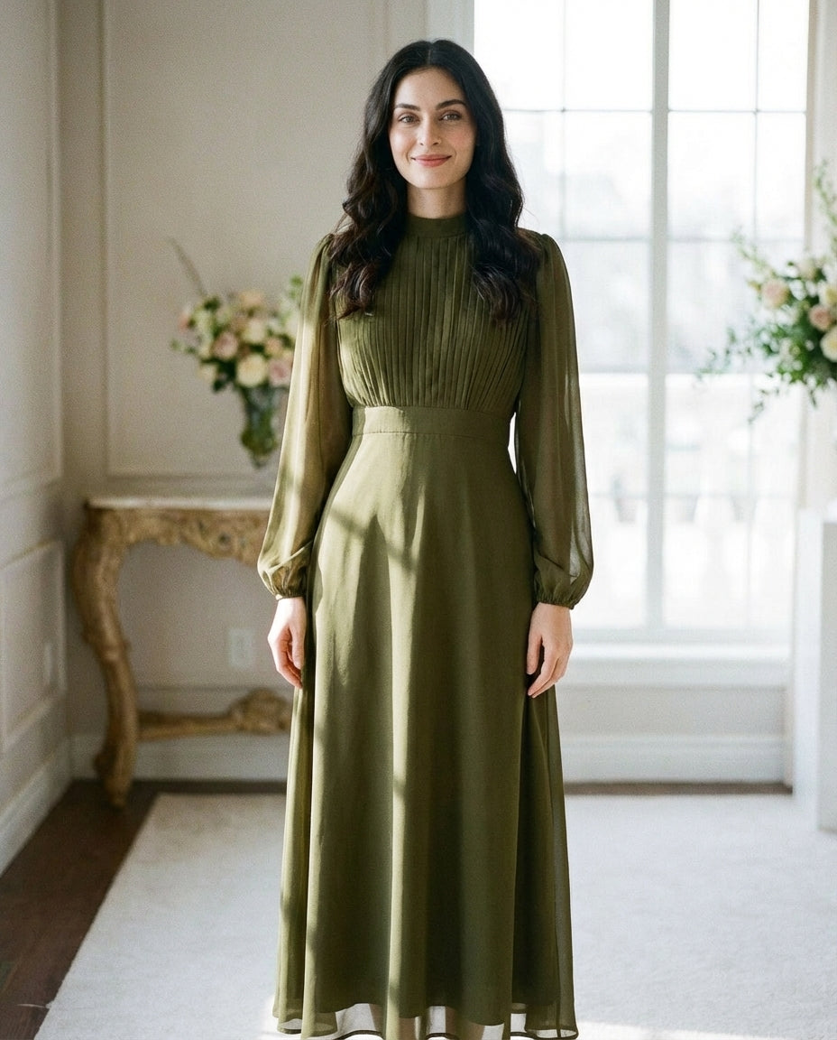 Chiffon Pleated Front Waist Cinched Long Sleeve Dress