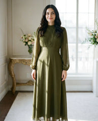 Chiffon Pleated Front Waist Cinched Long Sleeve Dress