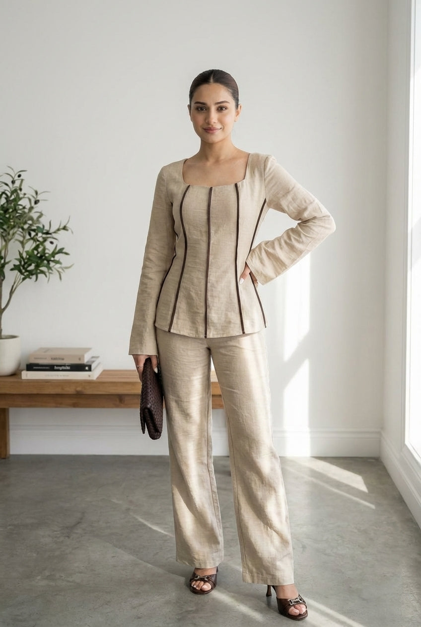 2pcs Contrast Trim Flare Sleeve Shirt And Pants Set