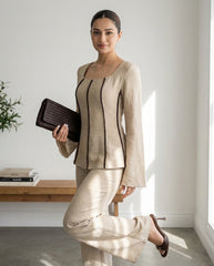 2pcs Contrast Trim Flare Sleeve Shirt And Pants Set