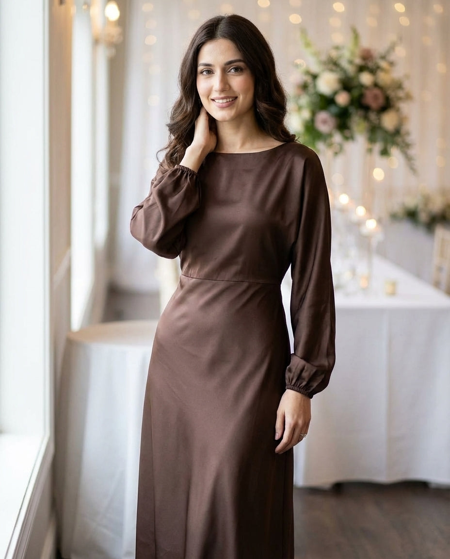 Round Neck Batwing Long Sleeve Tie-Waist X-Shaped Regular Fit Dress
