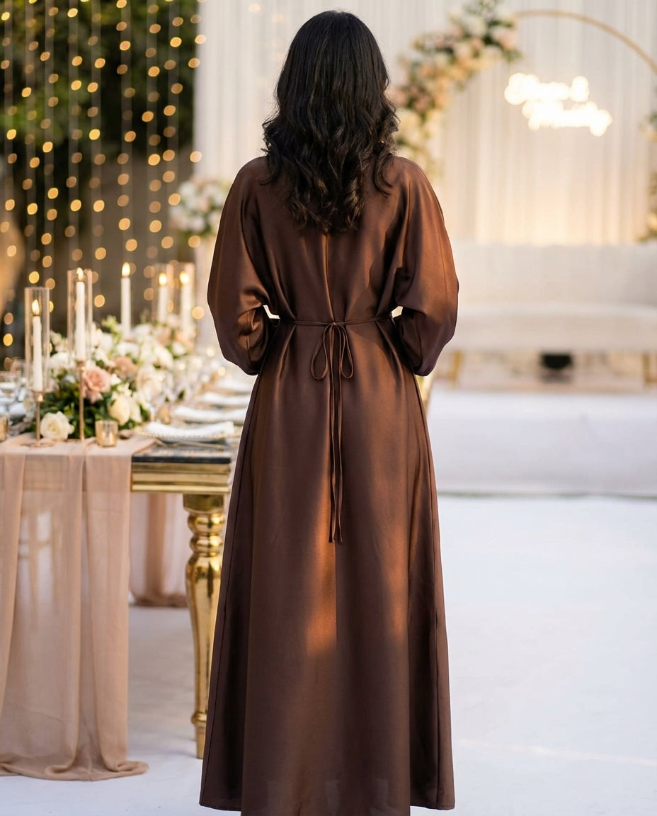 Round Neck Batwing Long Sleeve Tie-Waist X-Shaped Regular Fit Dress