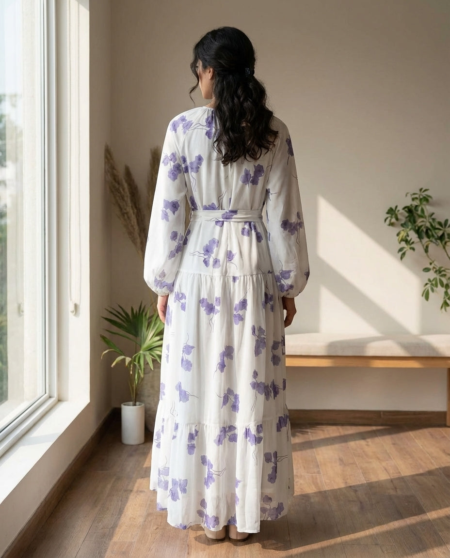 Chiffon Floral Print Puff Sleeve Dress