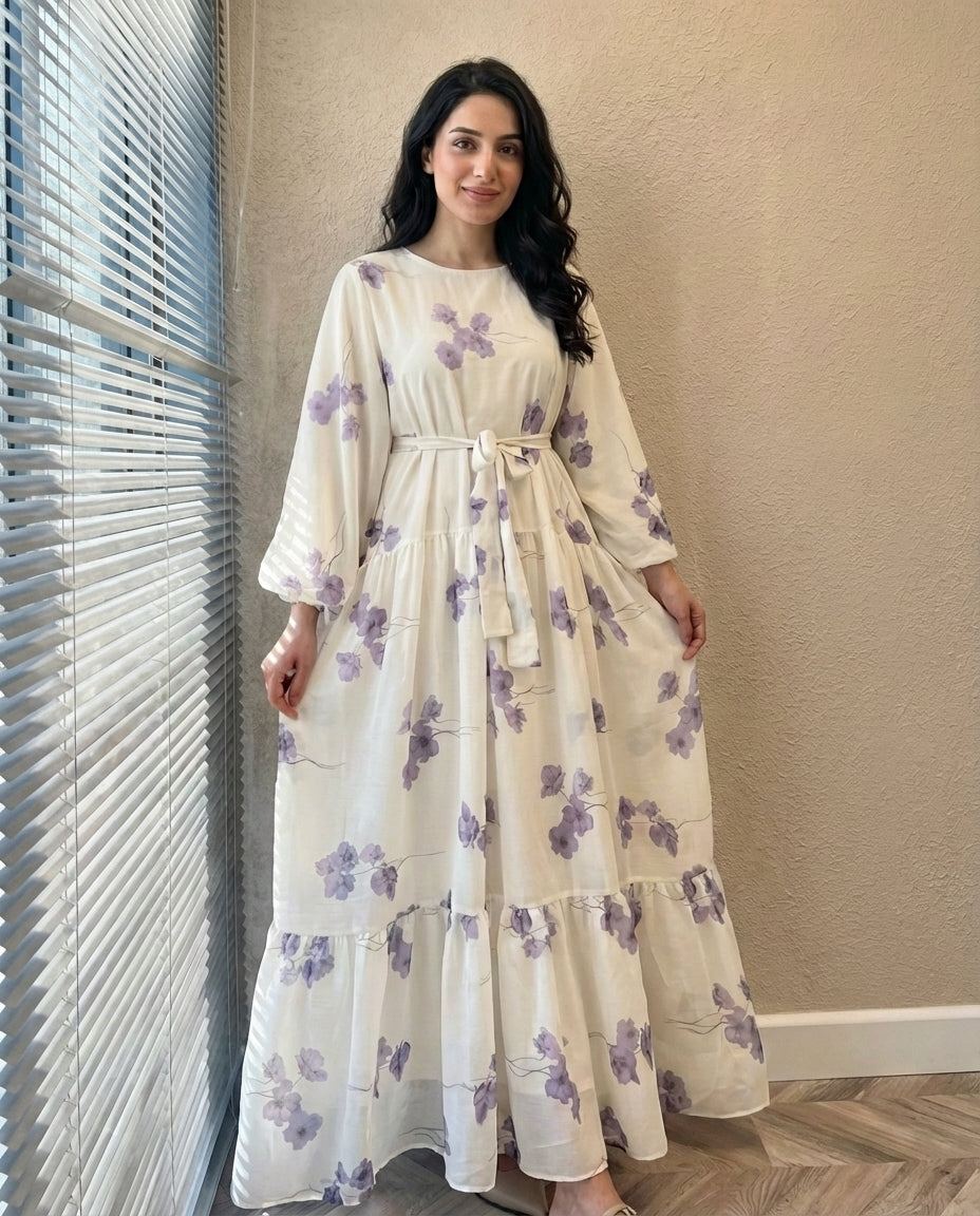 Chiffon Floral Print Puff Sleeve Dress