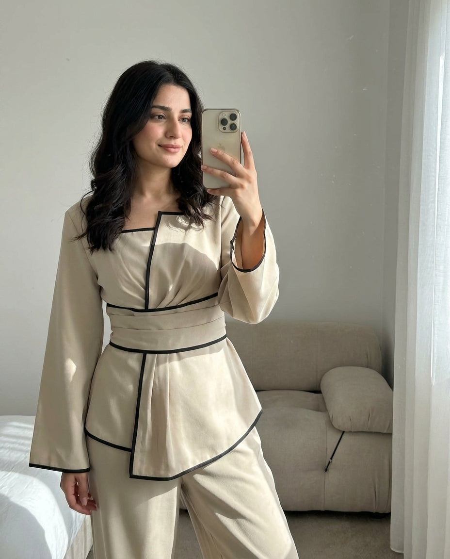 Contrast Color Trim Shirt And Pants 2 Pieces Set