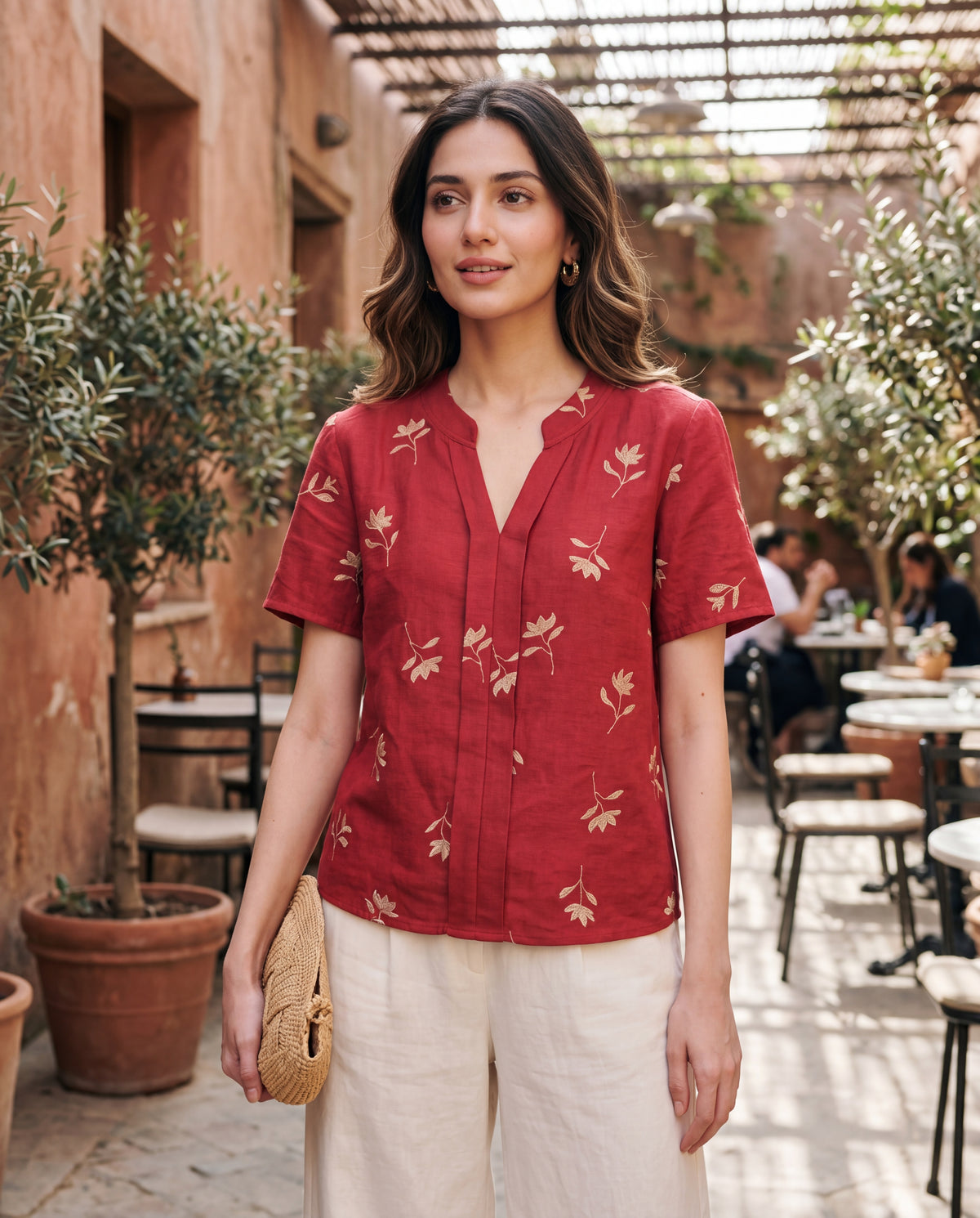V-Neck Short-Sleeve Floral Embroidery Summer Shirt