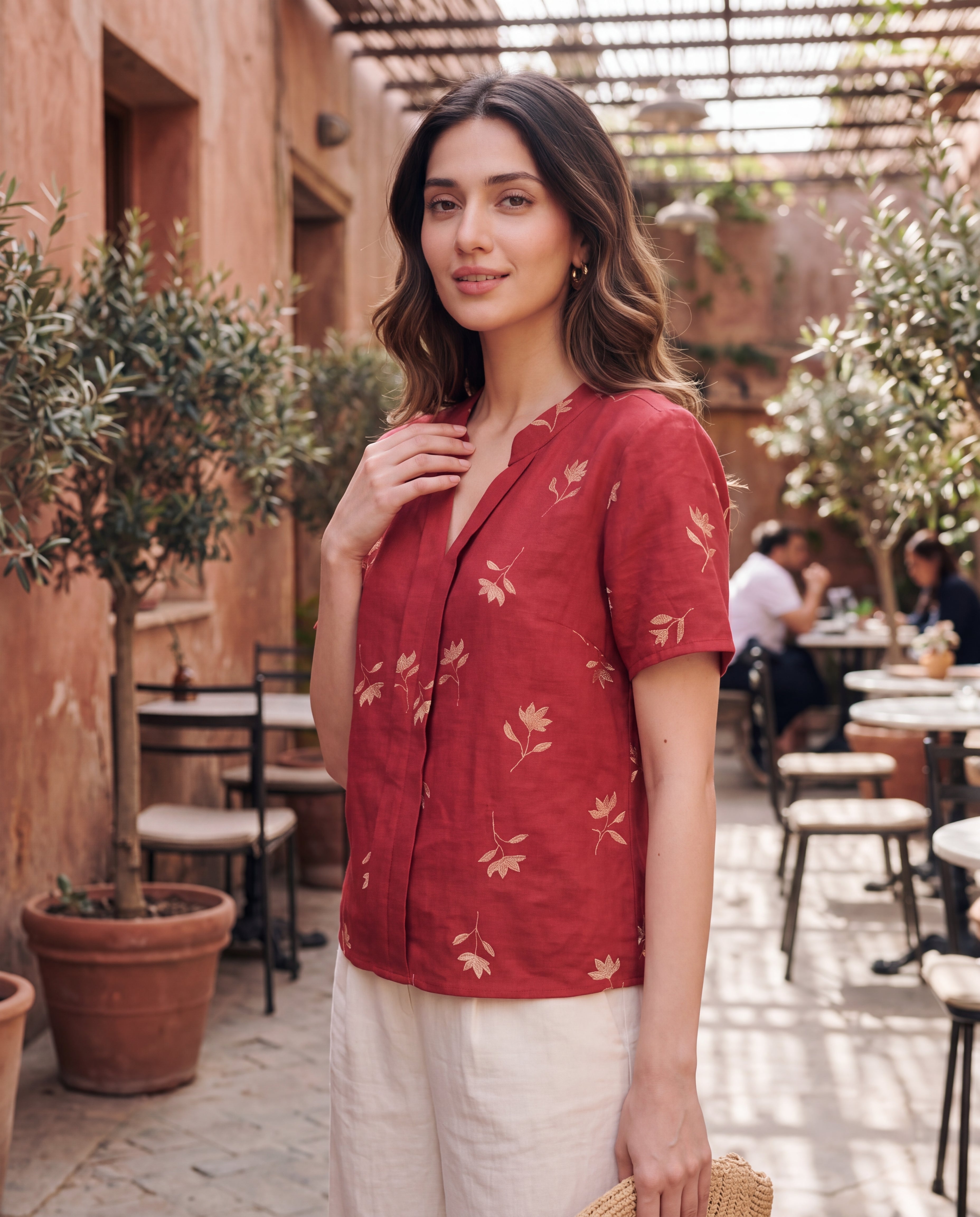 V-Neck Short-Sleeve Floral Embroidery Summer Shirt