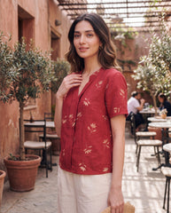 V-Neck Short-Sleeve Floral Embroidery Summer Shirt