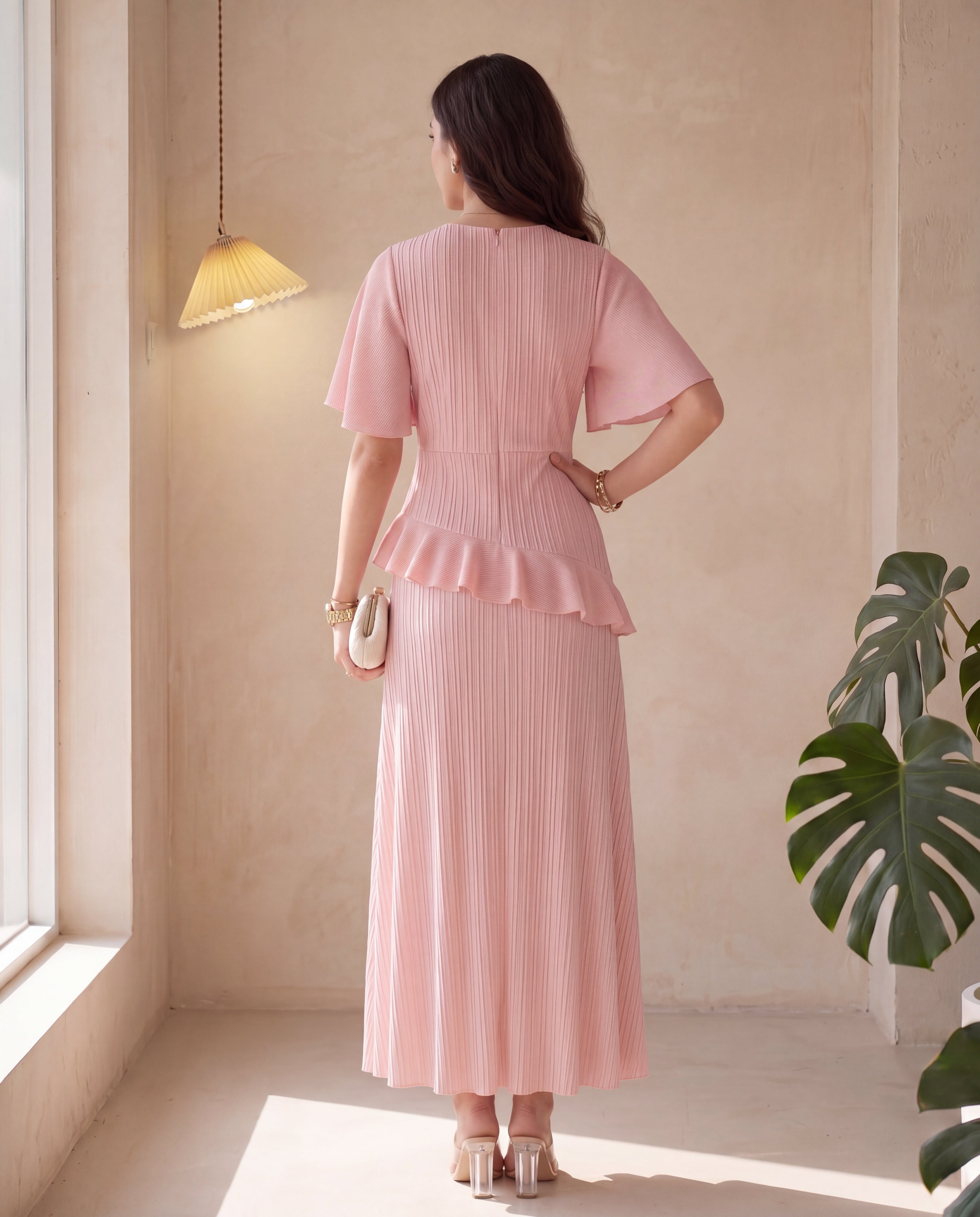 Round Neck Chiffon Spliced Ruffle Sleeve Waist-Cinched Slimming Dress