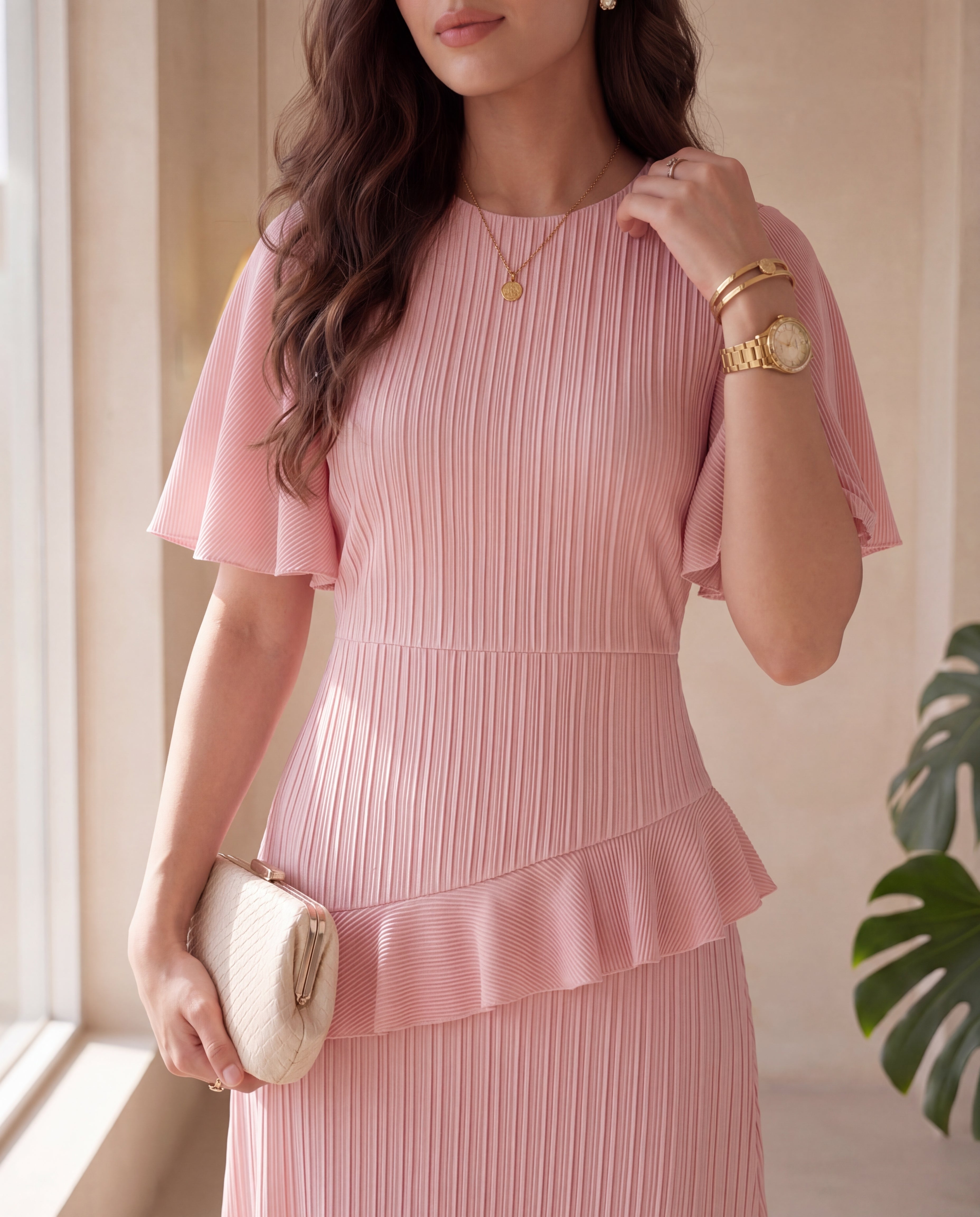 Round Neck Chiffon Spliced Ruffle Sleeve Waist-Cinched Slimming Dress