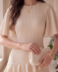 Round Neck Chiffon Spliced Ruffle Sleeve Waist-Cinched Slimming Dress