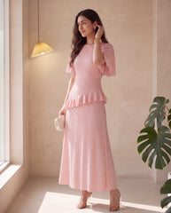 Round Neck Chiffon Spliced Ruffle Sleeve Waist-Cinched Slimming Dress