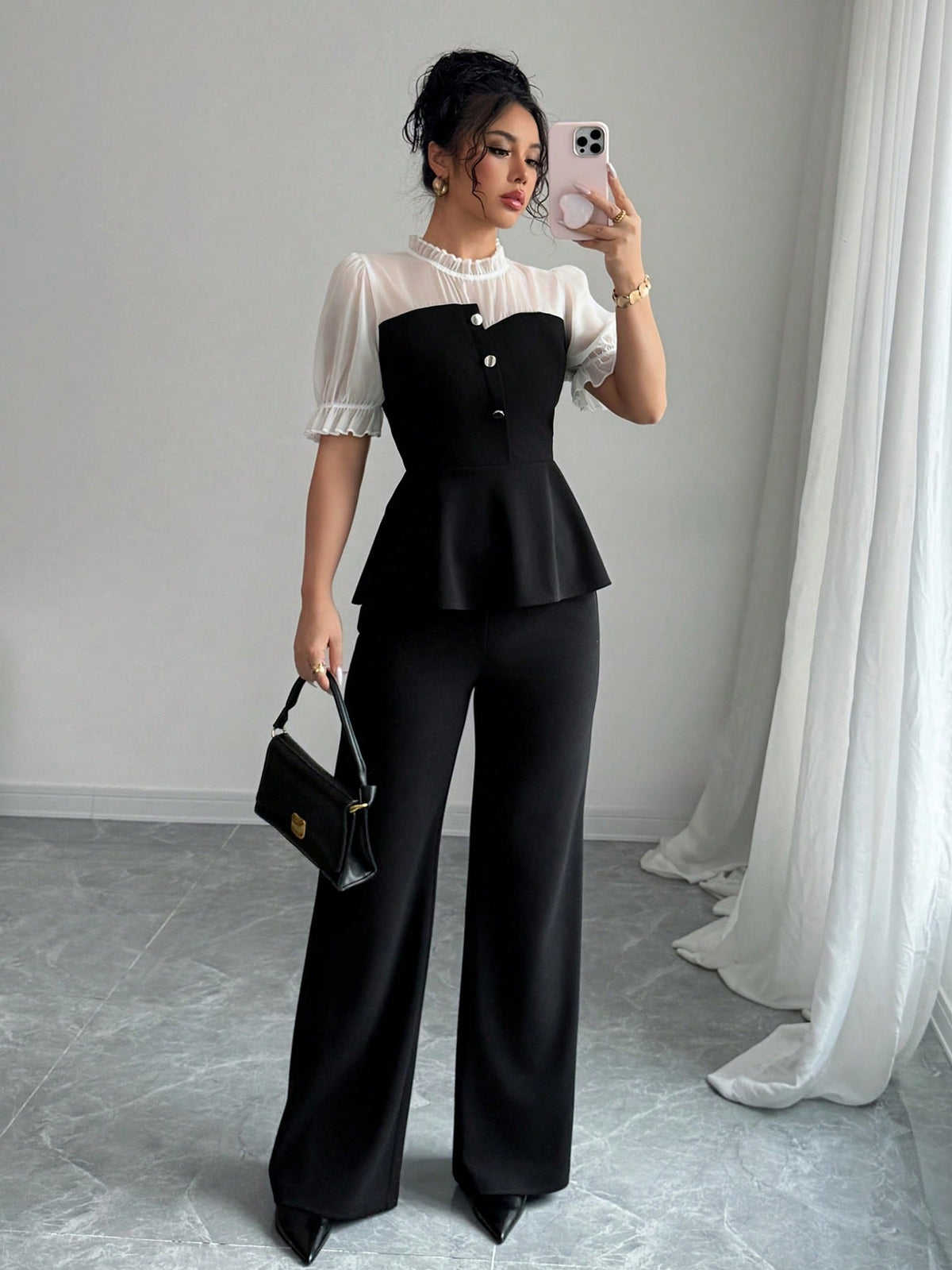Shein Gloray Chiffon Patchwork Shirt & Flare Leg Pants 2 Pieces Set