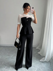 Shein Gloray Chiffon Patchwork Shirt & Flare Leg Pants 2 Pieces Set