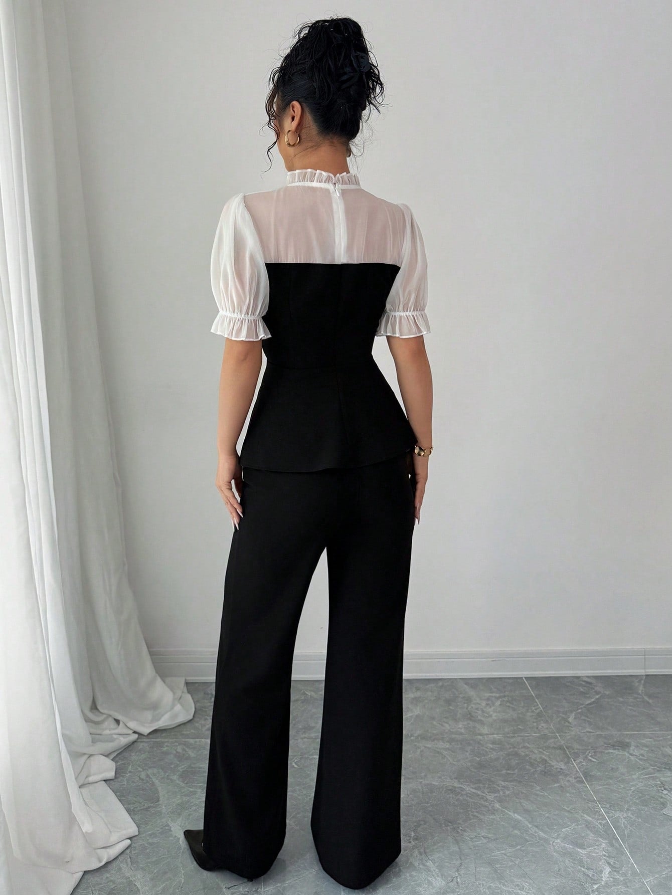 Shein Gloray Chiffon Patchwork Shirt & Flare Leg Pants 2 Pieces Set