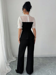 Shein Gloray Chiffon Patchwork Shirt & Flare Leg Pants 2 Pieces Set