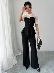 Shein Gloray Chiffon Patchwork Shirt & Flare Leg Pants 2 Pieces Set