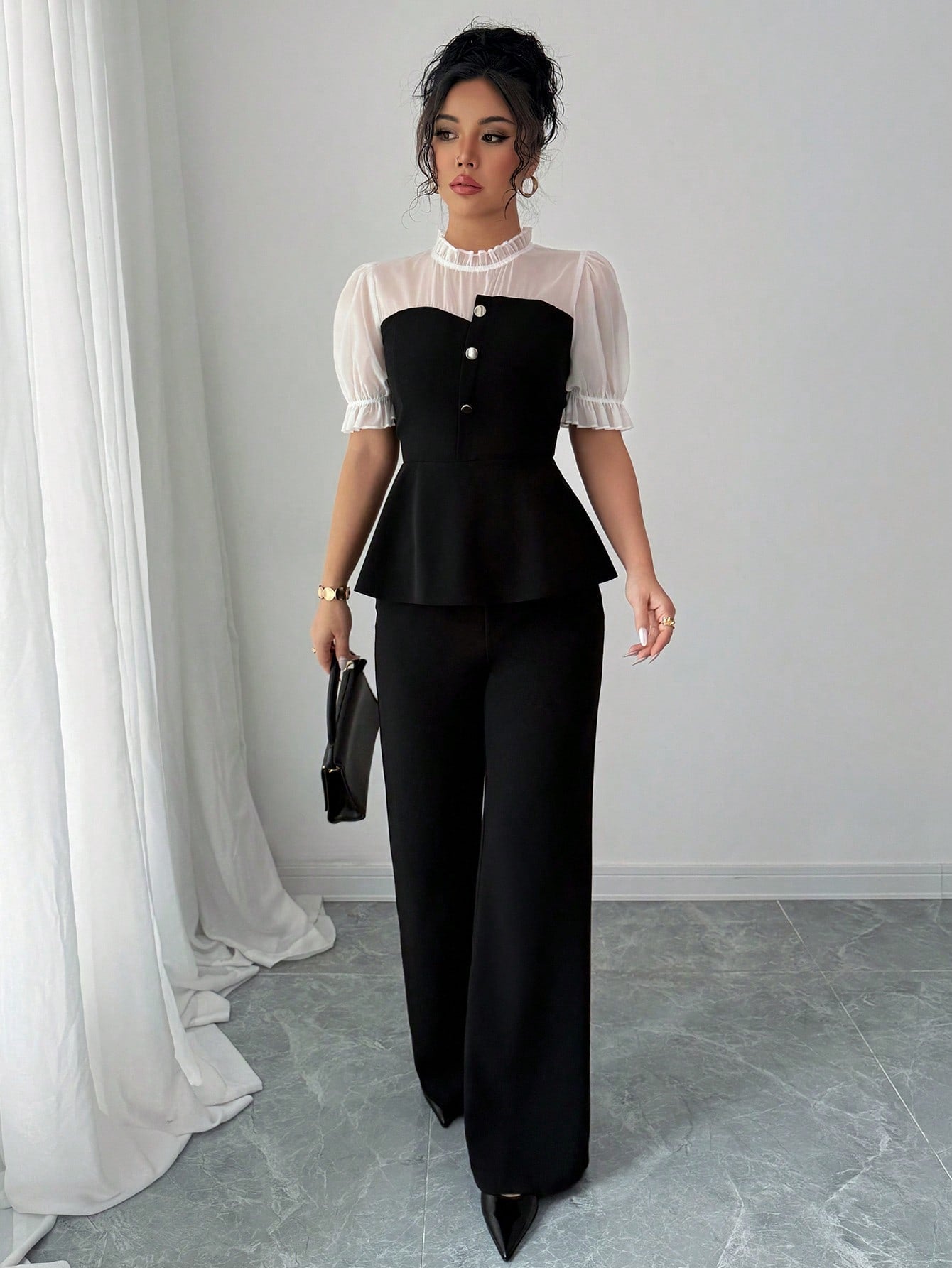 Shein Gloray Chiffon Patchwork Shirt & Flare Leg Pants 2 Pieces Set
