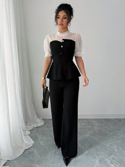 Shein Gloray Chiffon Patchwork Shirt & Flare Leg Pants 2 Pieces Set