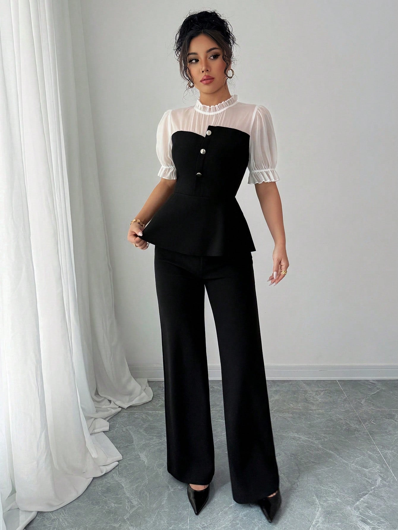 Shein Gloray Chiffon Patchwork Shirt & Flare Leg Pants 2 Pieces Set