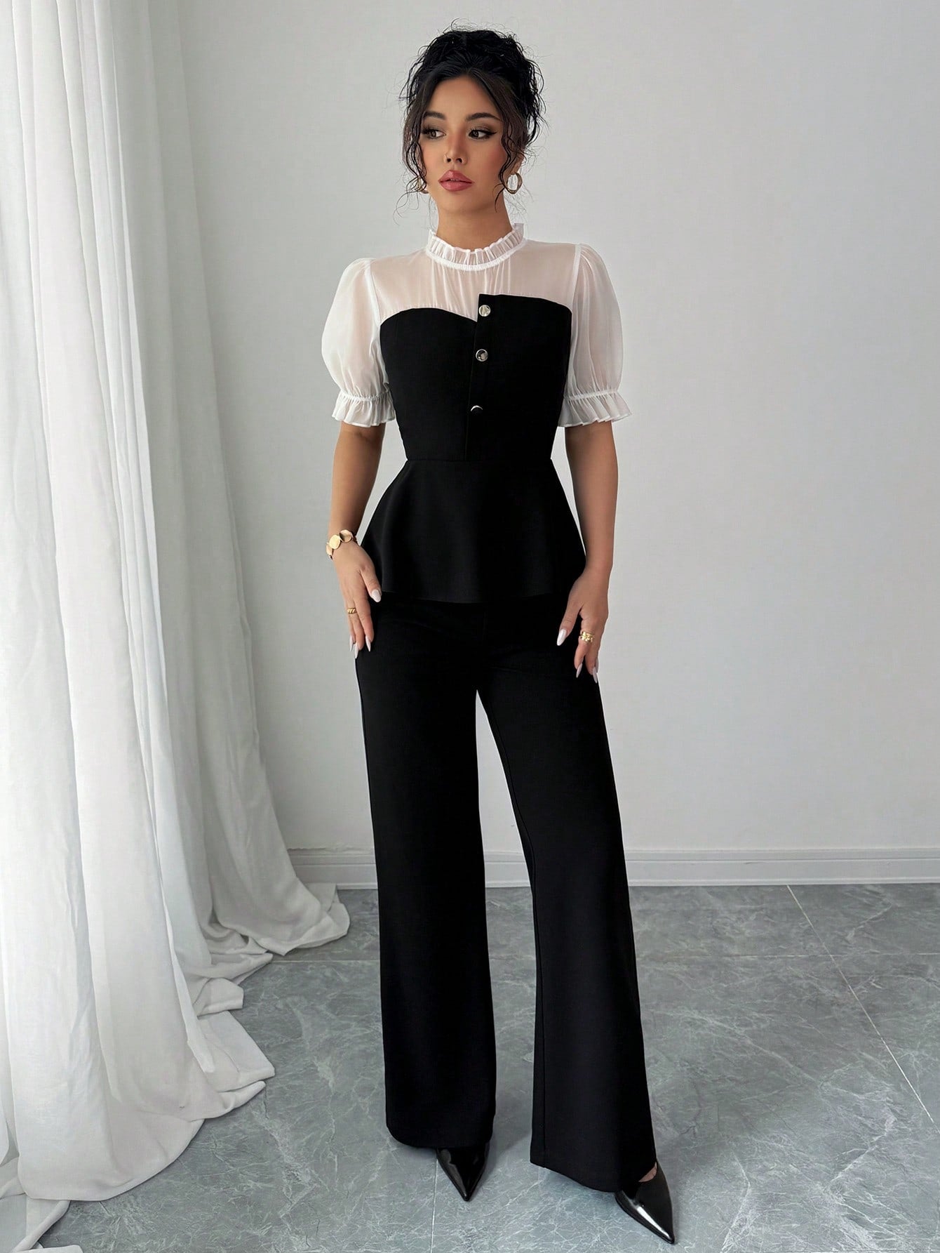 Shein Gloray Chiffon Patchwork Shirt & Flare Leg Pants 2 Pieces Set