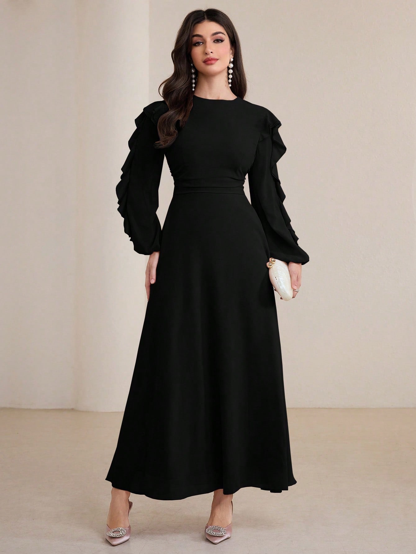 Ruffled Hem Waist Cinching Long Dress