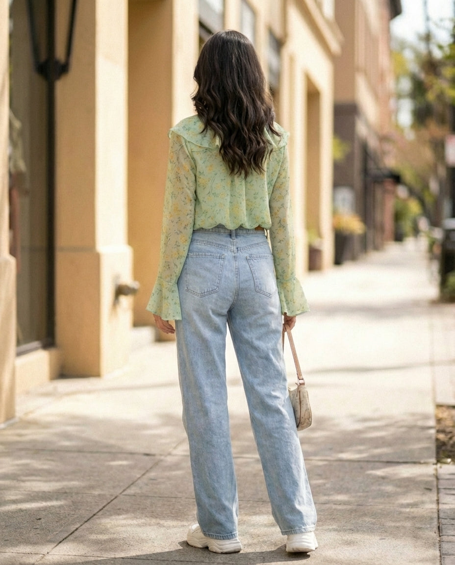 Ditsy Floral Shirt With Ruffled Collar & Tie Waist