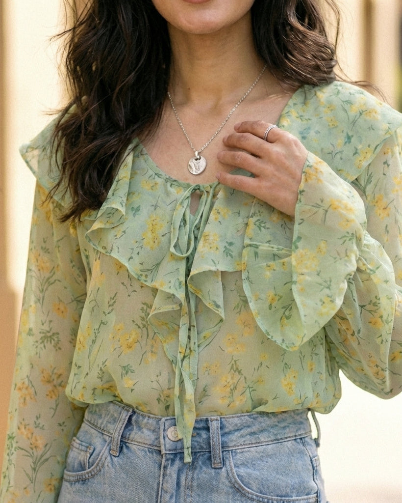 Ditsy Floral Shirt With Ruffled Collar & Tie Waist