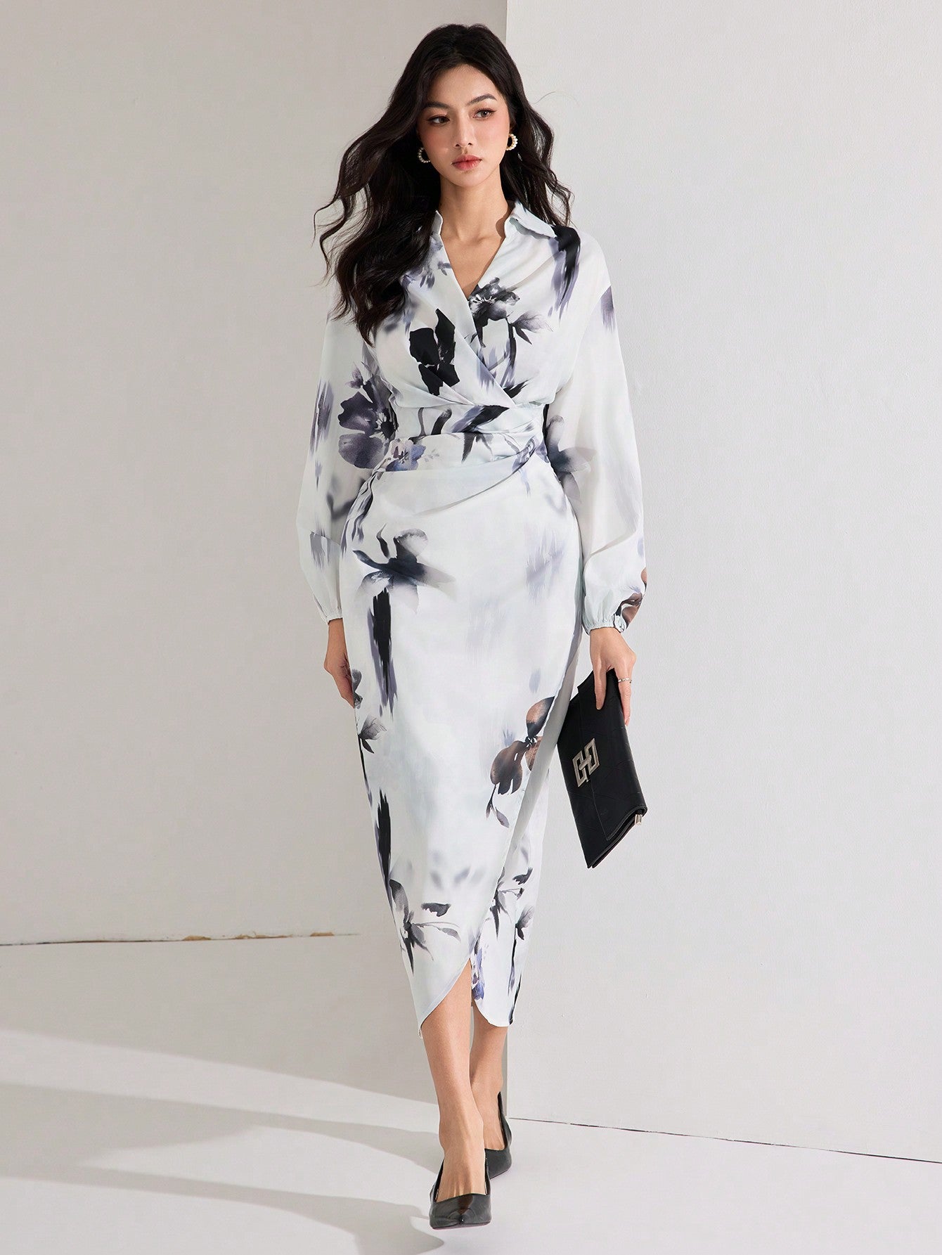 Shein Heiryn Women's Fall Elegant Floral Print Lantern Sleeve Long Dress