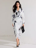 Shein Heiryn Women's Fall Elegant Floral Print Lantern Sleeve Long Dress