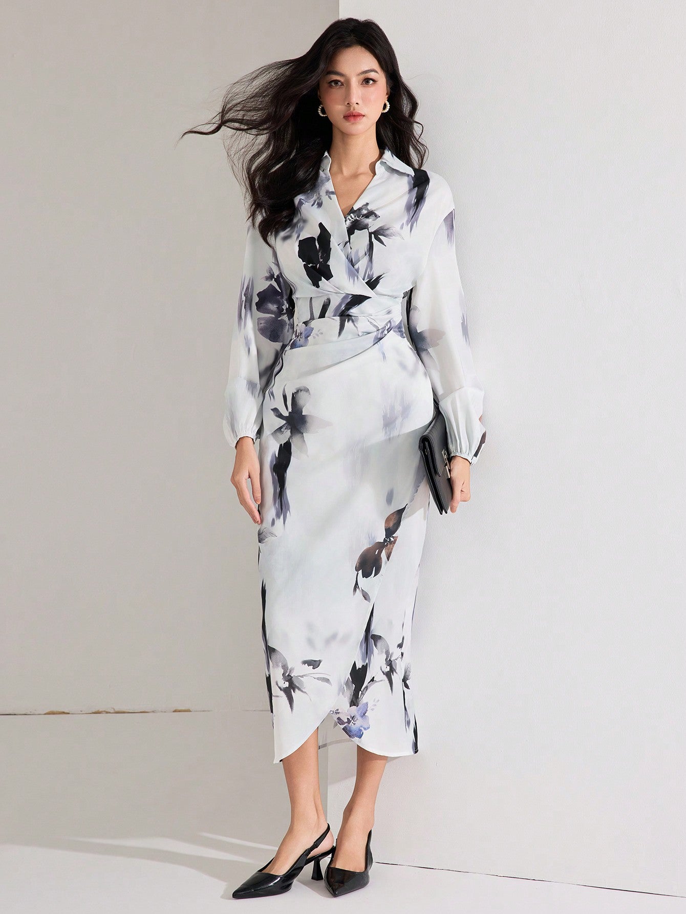Shein Heiryn Women's Fall Elegant Floral Print Lantern Sleeve Long Dress